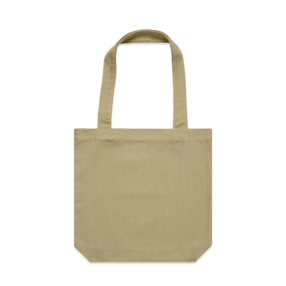 khaki coloured tote bag on white background