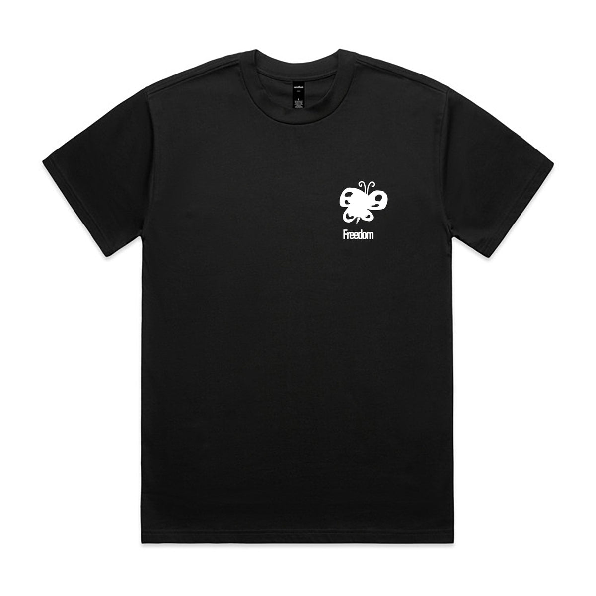 Black tee with white chest screen print