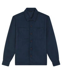 Navy blue shirt with button details on a white background