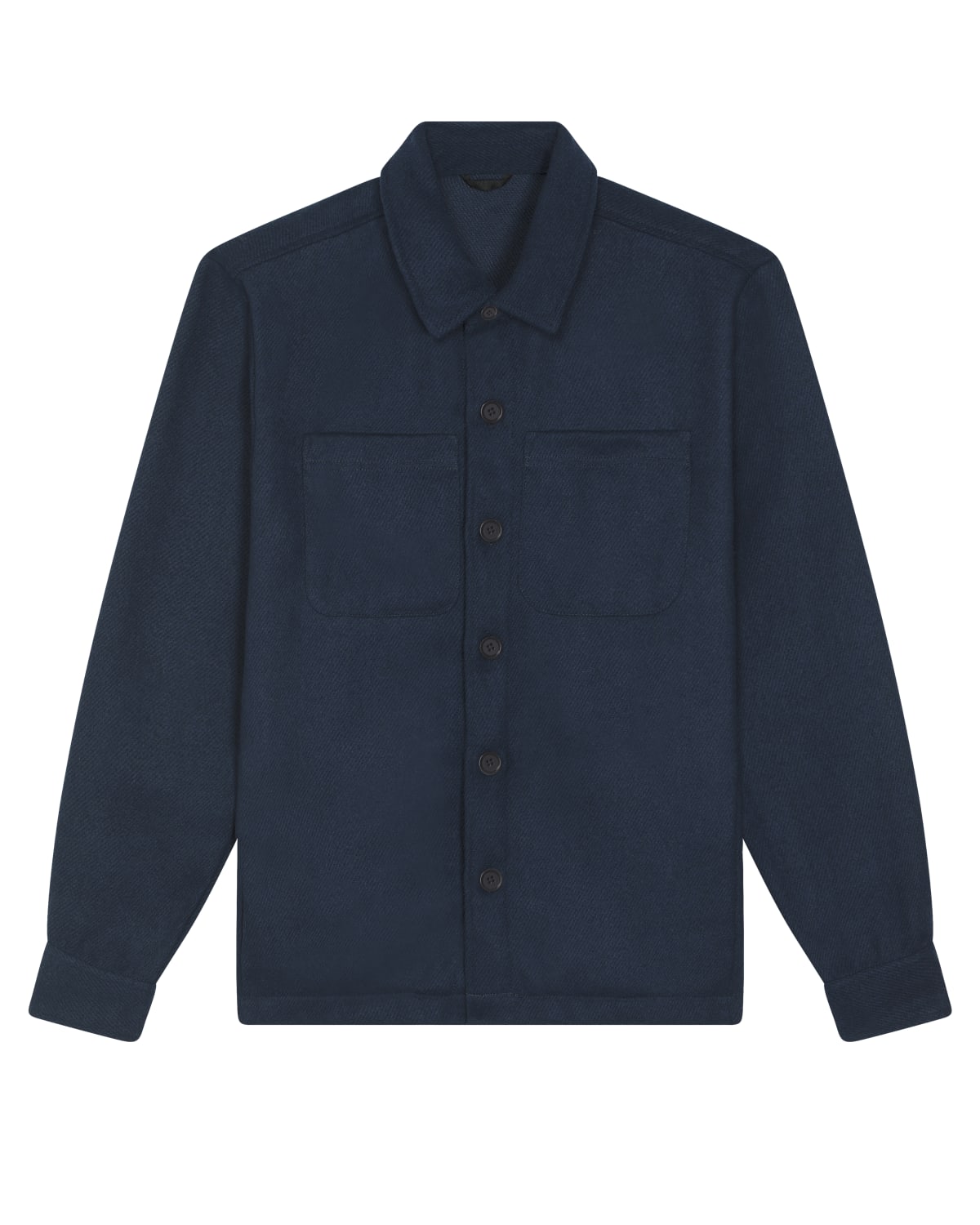 Navy blue shirt with button details on a white background