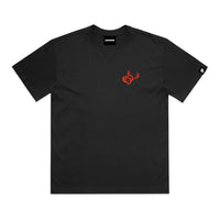 Black tee with red chest screen print