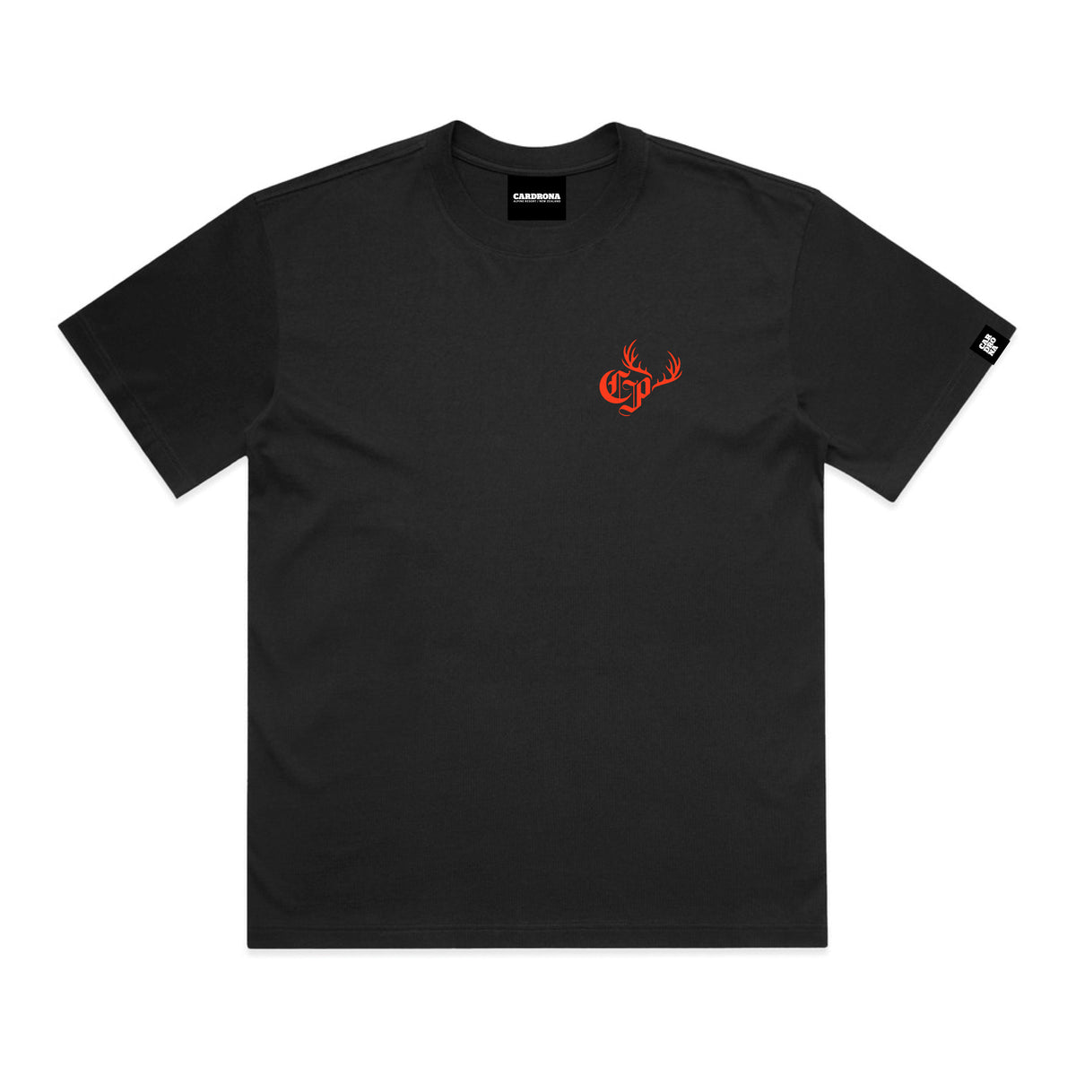 Black tee with red chest screen print