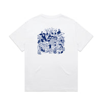 White tee with navy illustrated back screen print