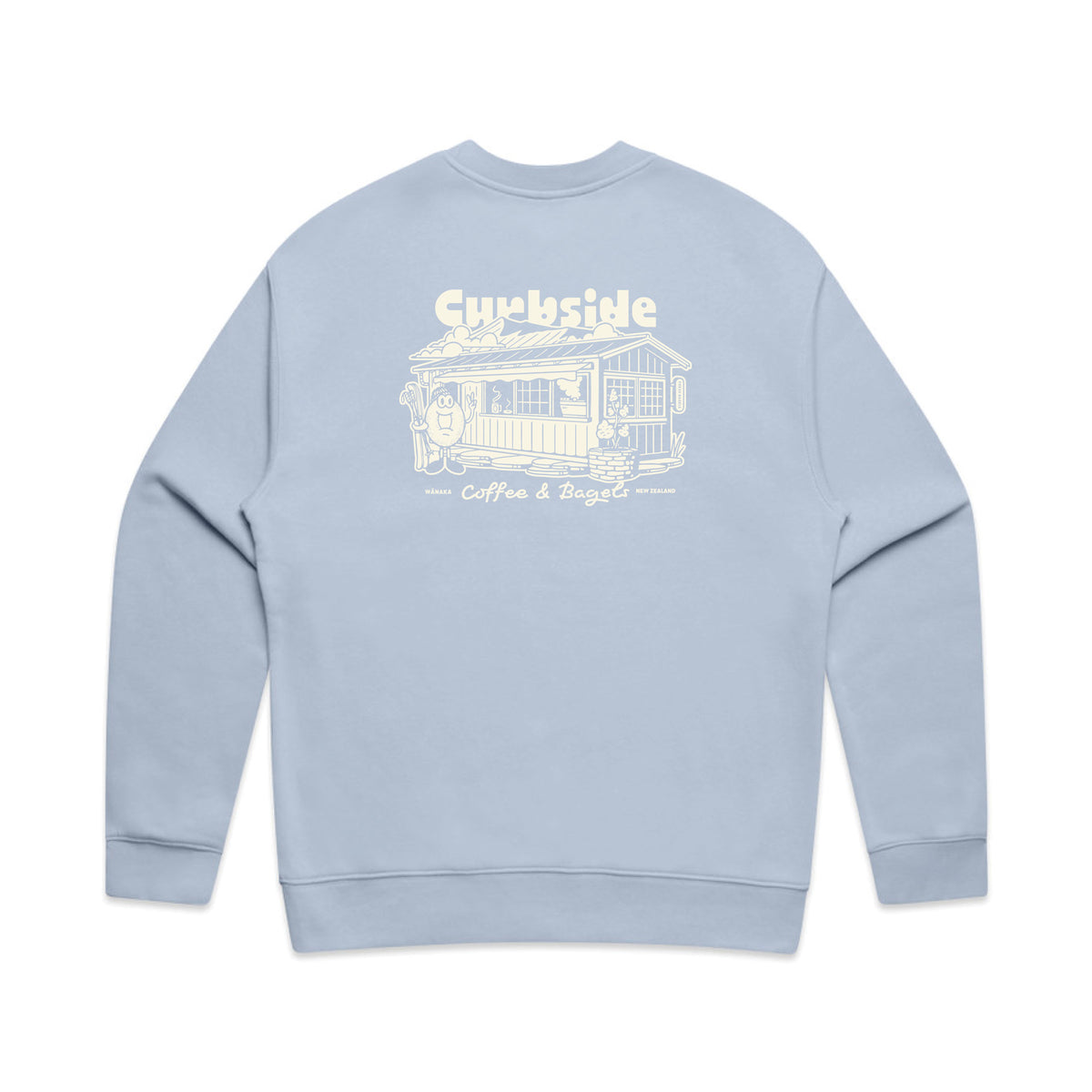Powder blue crew sweatshirt with cream back screen print