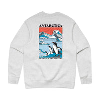 White marle crew sweatshirt with colourful back screen print