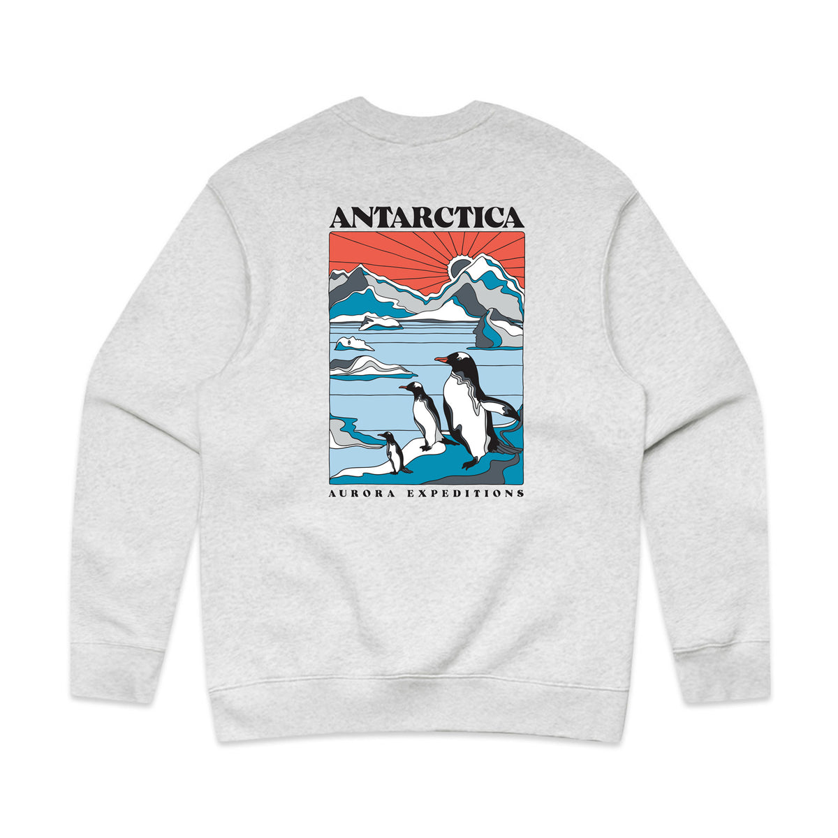 White marle crew sweatshirt with colourful back screen print