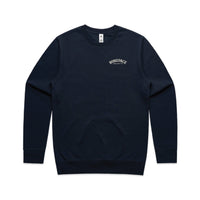 Navy crew sweatshirt with cream chest screen print
