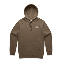 Custom walnut hoodie with a small white left chest print on a white background