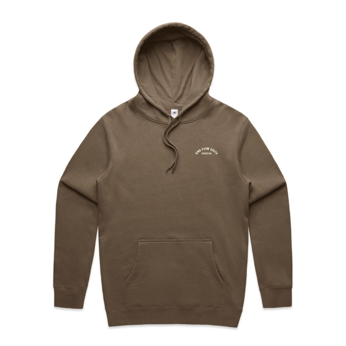 Custom walnut hoodie with a small white left chest print on a white background