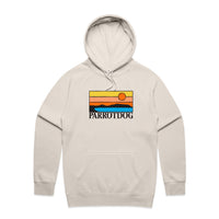 Ecru custom hoodie featuring a multicolour Parrotdog sunset design on a white background