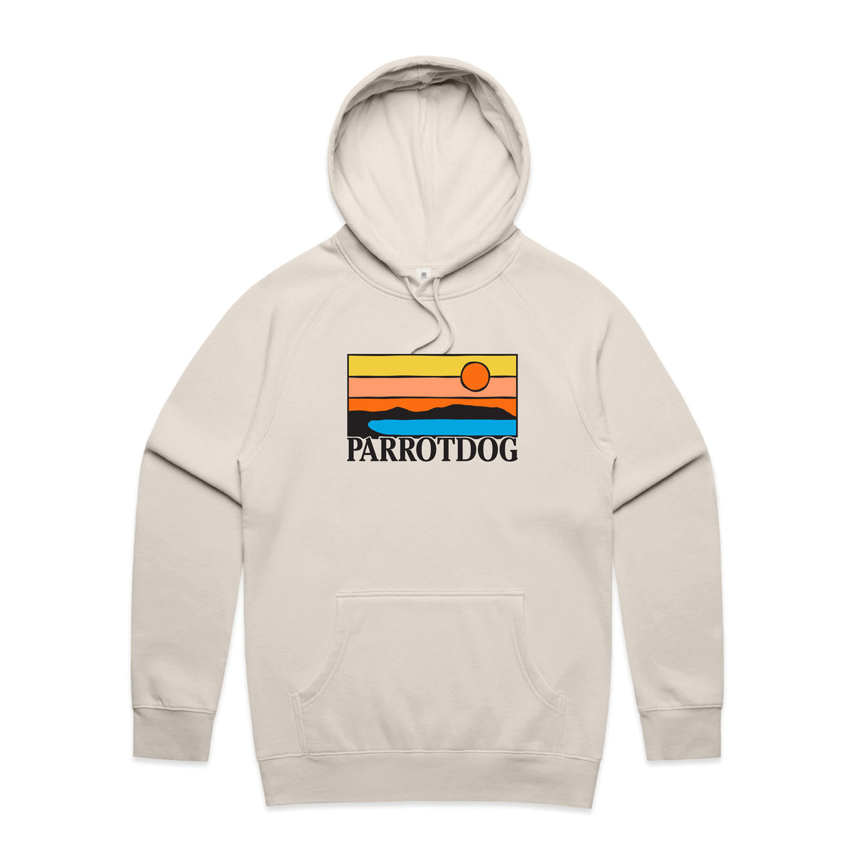Ecru custom hoodie featuring a multicolour Parrotdog sunset design on a white background