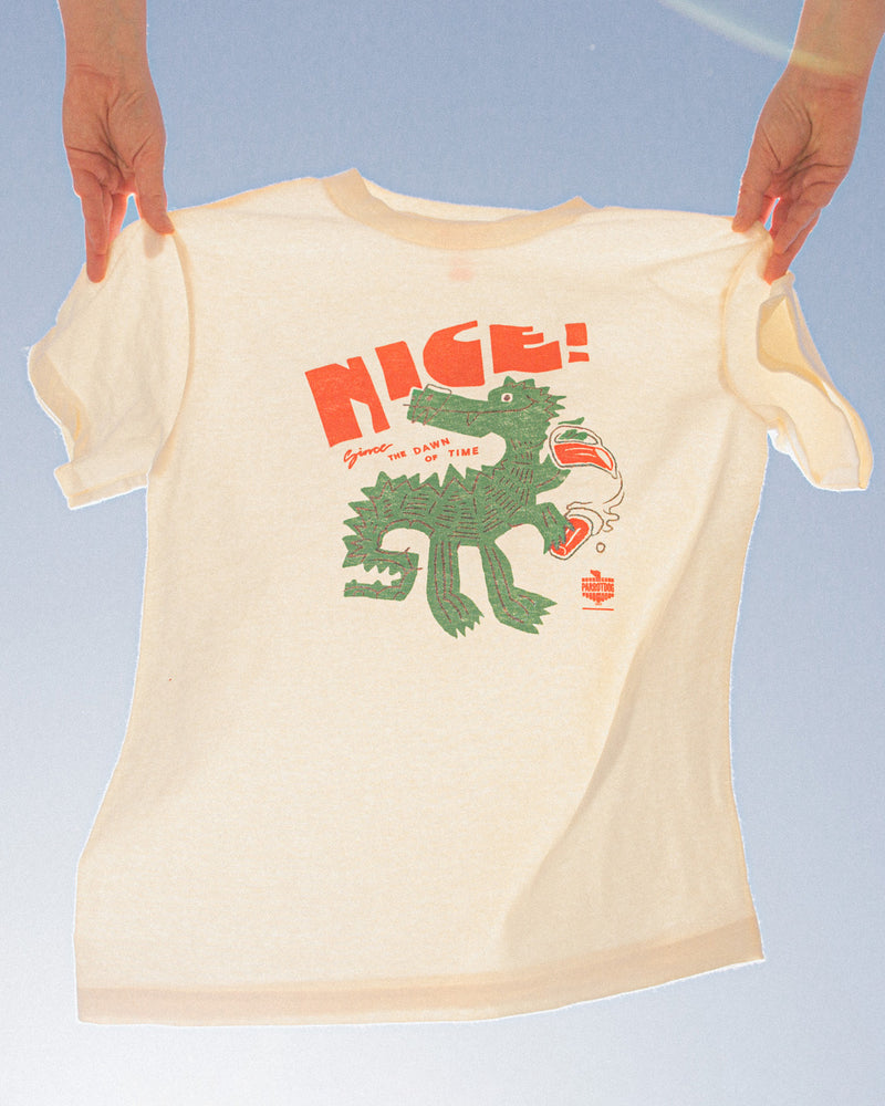 white t-shirt with artwork screen printed on the front