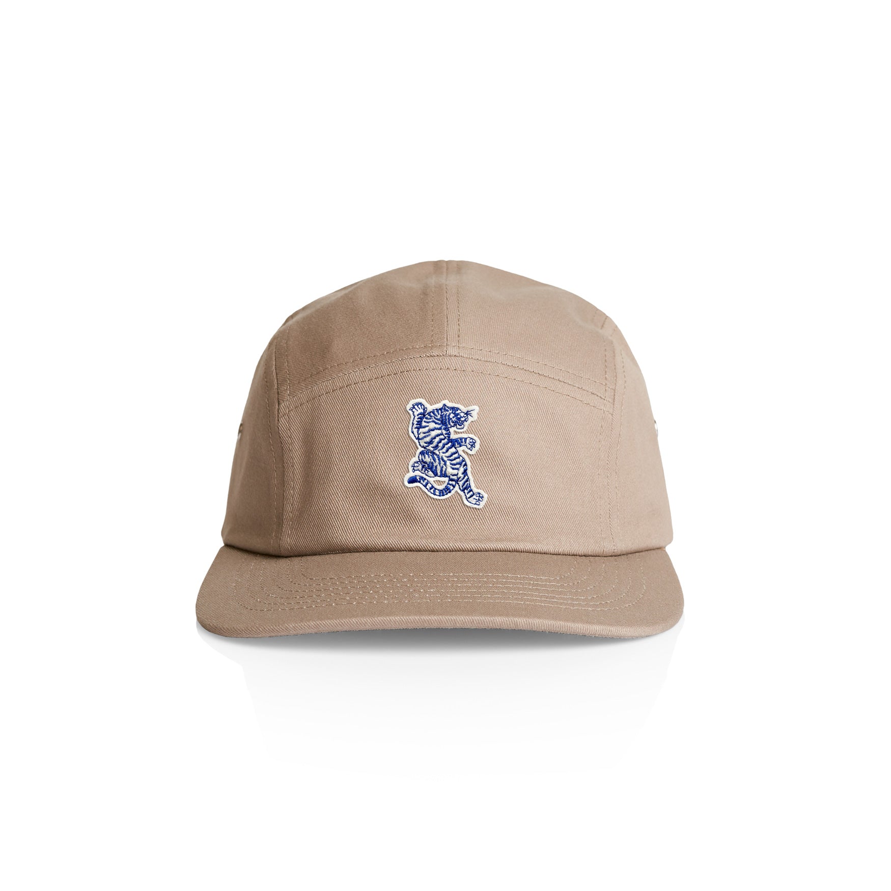 Khaki cap with blue artwork on front