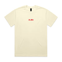 Butter coloured tee on a white background with a red print