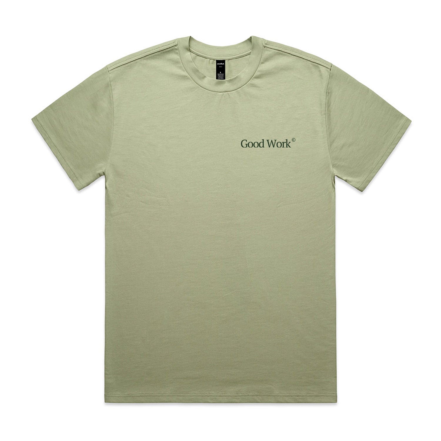 Olive coloured tee on a white background with a green print