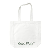 White printed Print Room Weekend tote bag on white background