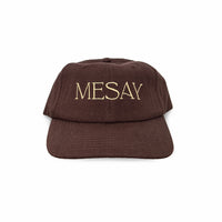 Brown cap with gold text written on front