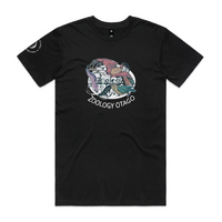 Black tee shirt with a graphic print in the center that includes text 'Zoology Otago' and depicts a variety of animals and scientific illustrations.