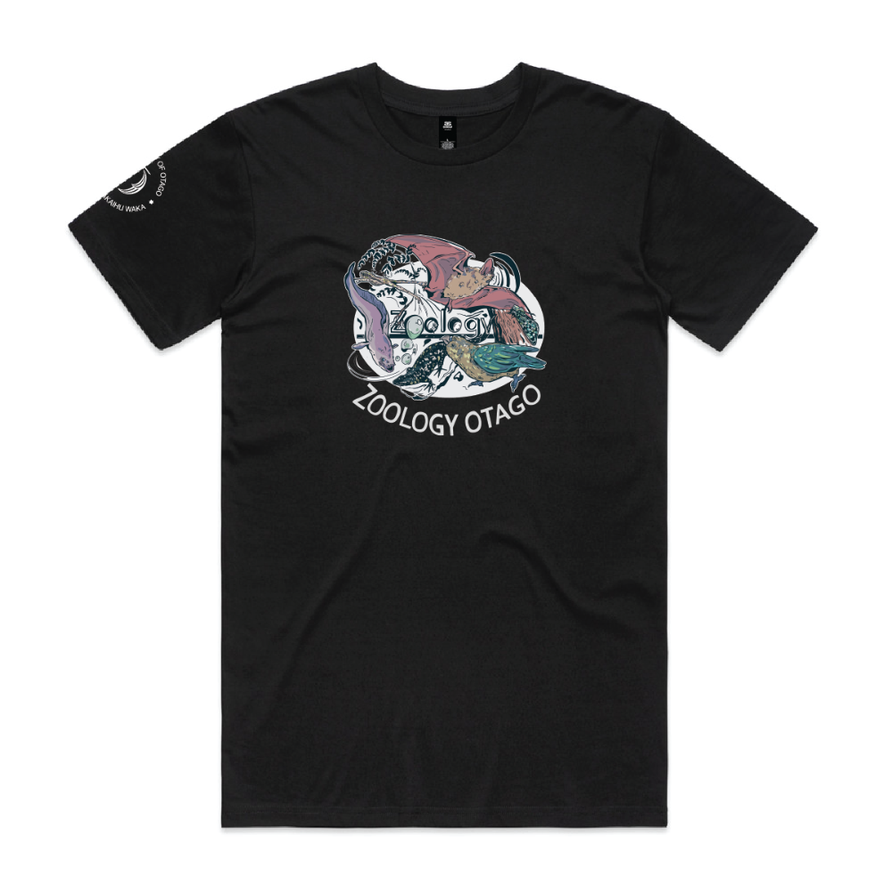 Black tee shirt with a graphic print in the center that includes text 'Zoology Otago' and depicts a variety of animals and scientific illustrations.